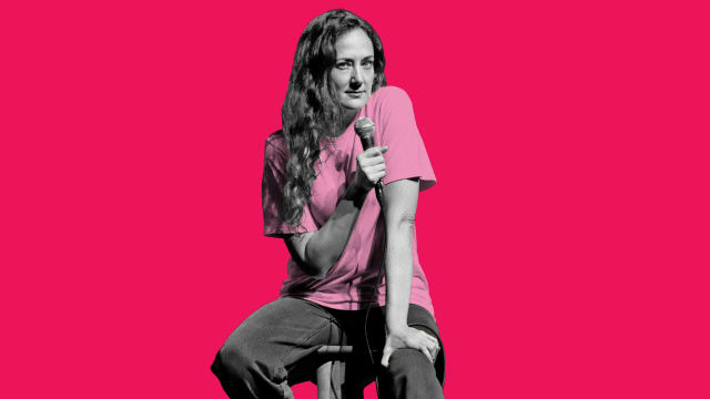 A photo illustration of Jacqueline Novak sitting on a stool with a microphone