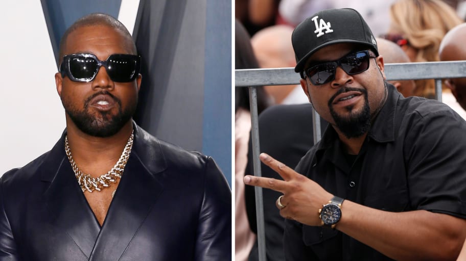 A picture of Kanye West next to a picture of Ice Cube.