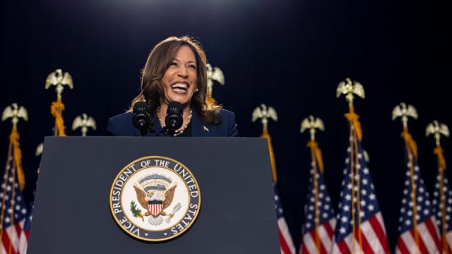 Kamala Harris addresses a crowd of supporters during her first campaign event as a candidate for president at in West Allis, Wisconsin on July 23, 2024.
