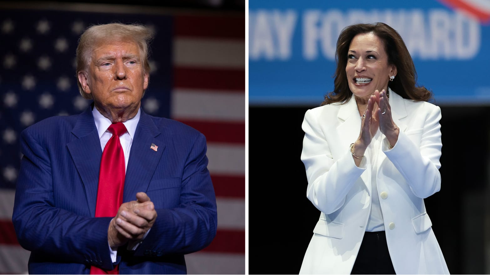 A split screen photo of Donald Trump and Kamala Harris