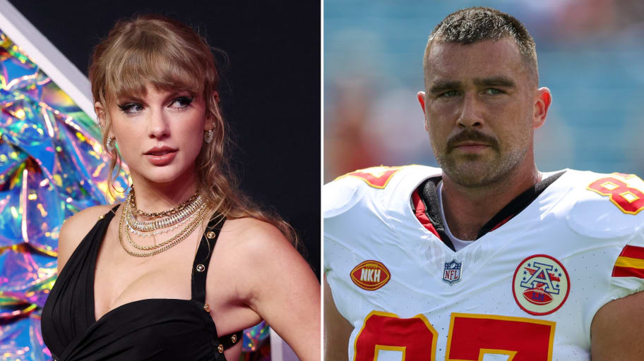 A pictutre of Taylor Swift next to one of Travis Kelce.