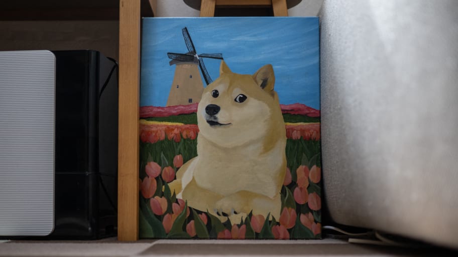 A painting of Japanese Shiba Inu dog Kabosu, best known as the logo of cryptocurrency Dogecoin, at the home of her owner Atsuko Sato in Sakura, Chiba prefecture, east of Tokyo.