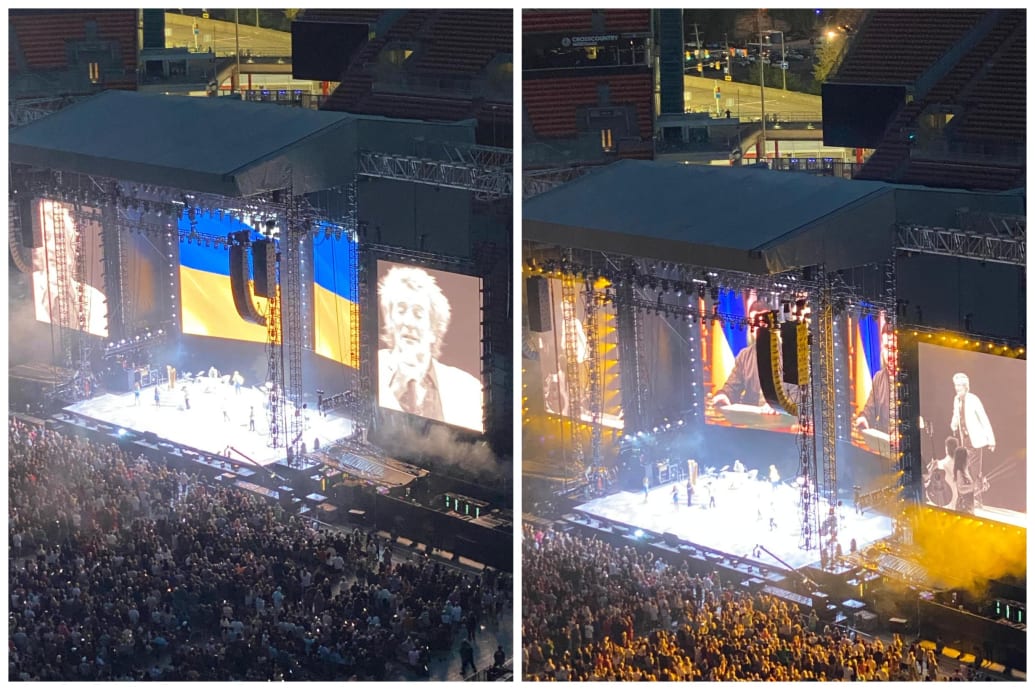 Rod Stewart offers support to Ukraine during a concert in Cleveland, Ohio, on September 13, 2024.