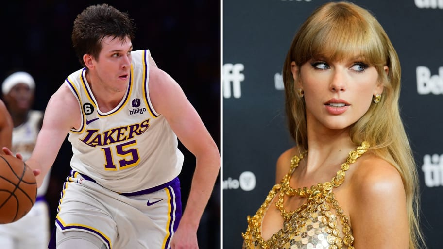 A picture of Los Angeles Lakers sharpshooter Austin Reaves next to a picture of Taylor Swift. Reaves recently shut down rumors that he dated Swift.