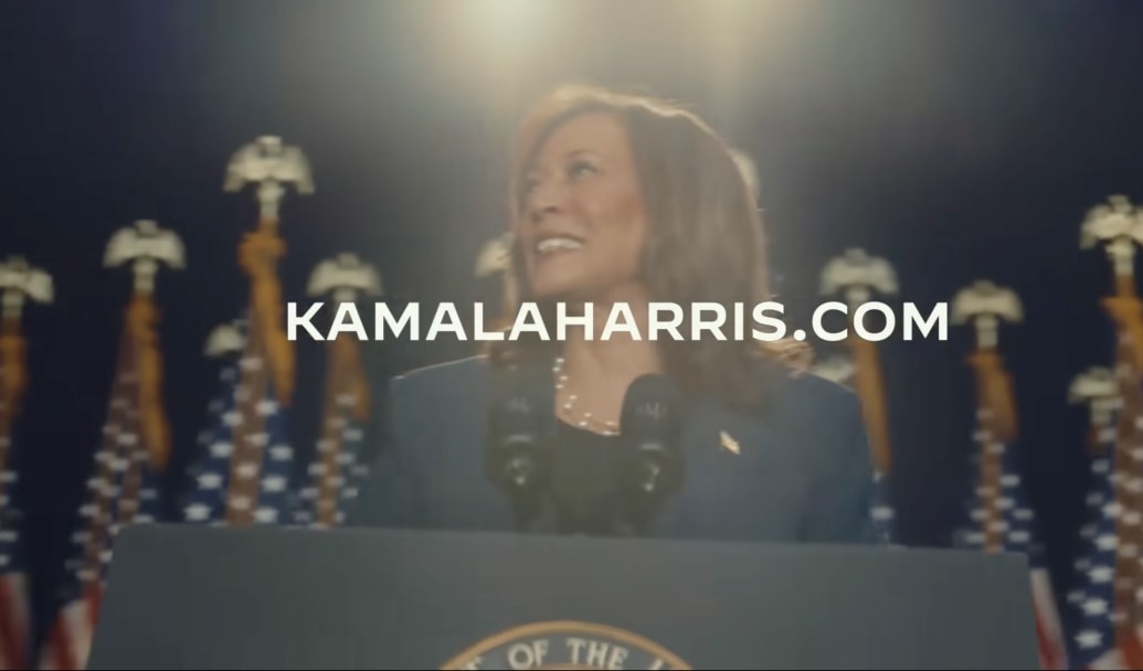 Harris for president logo in front of Kamala Harris' face