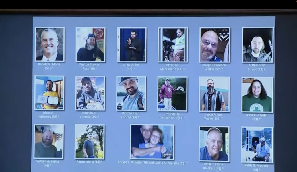 Graphic showing photos of 18 shooting victims at a press conference.