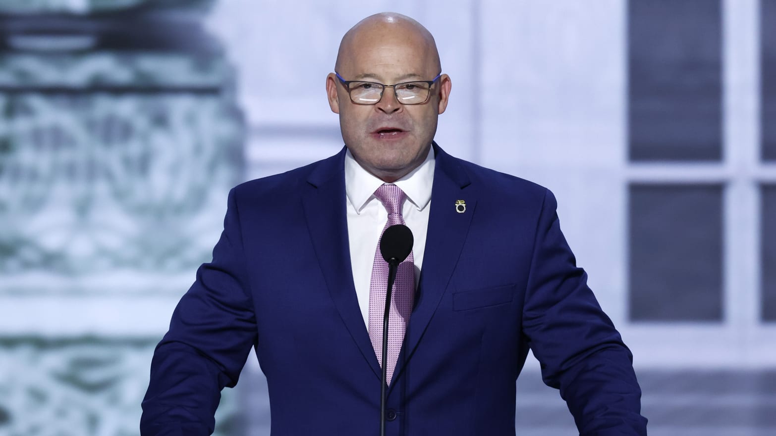 President of the International Brotherhood of Teamsters Sean O’Brien speaks on stage on the first day of the RNC.