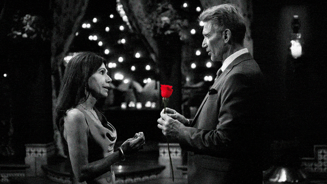 A still of Gerry and Theresa at a Rose Ceremony on The Golden Bachelor, as the red rose fades away into black and white.