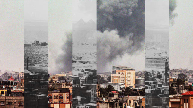 A photo illustration showing a landscape of 1950s Egypt collaged alongside a landscape of Gaza during Israeli bombardment in 2024.