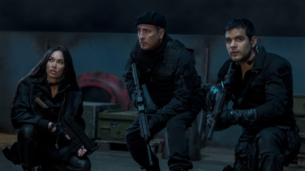 Photo still of Megan Fox as Gina, Andy Garcia as Marsh and Jacob Scipio as Galan in The Expendables 4