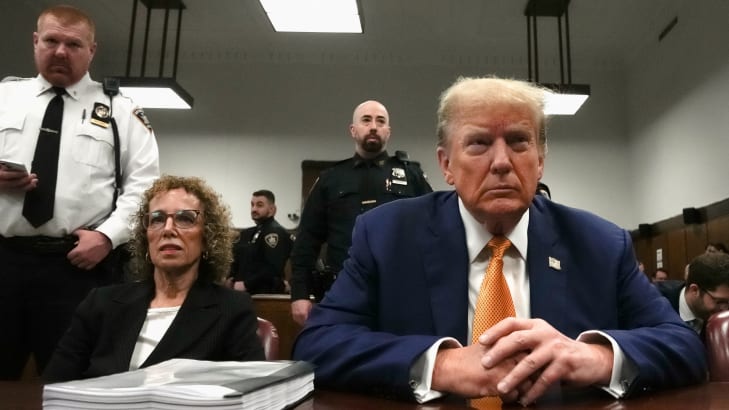 A photo of Donald Trump in court.