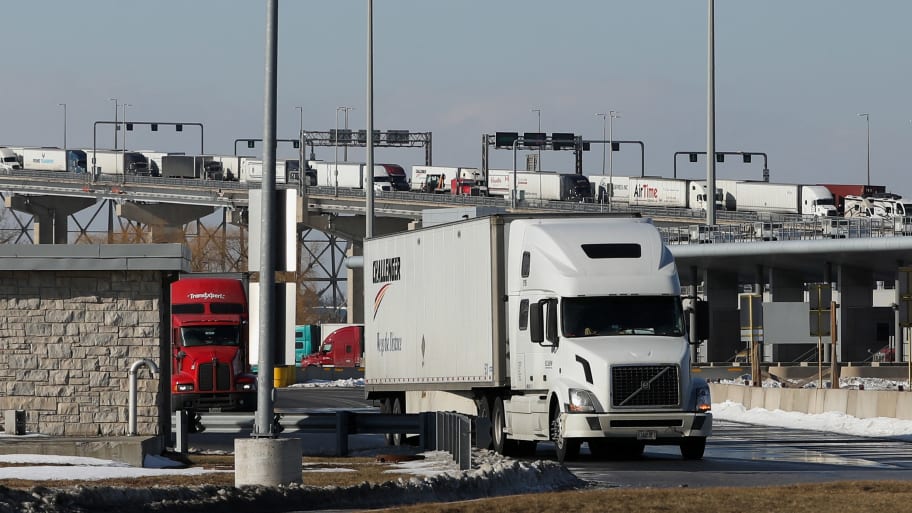 Trucks are photographed during the Port Huron bridge protest on the border of Canada and the Michigan in the USA.