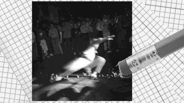A gif showing a b-boy break dancer being erased from an archival photos from the 1990s hip hop scene in New York.
