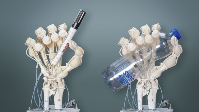 Image montage of the soft robotic hand holding objects.