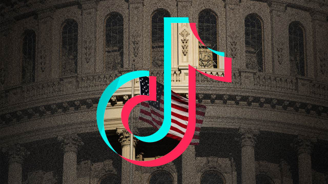 A photo illustration with the TikTok logo overlayed on the U.S. Congress building.