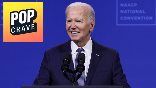 A photo of Joe Biden with the PopCrave logo