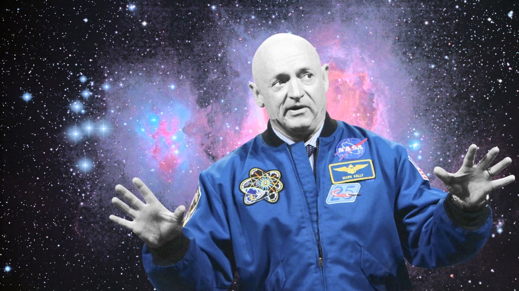 black and white image of mark kelly in nasa astronaut uniform with universe of stars behind him gabby giffords john mccain democrat arizona space force climate change environment