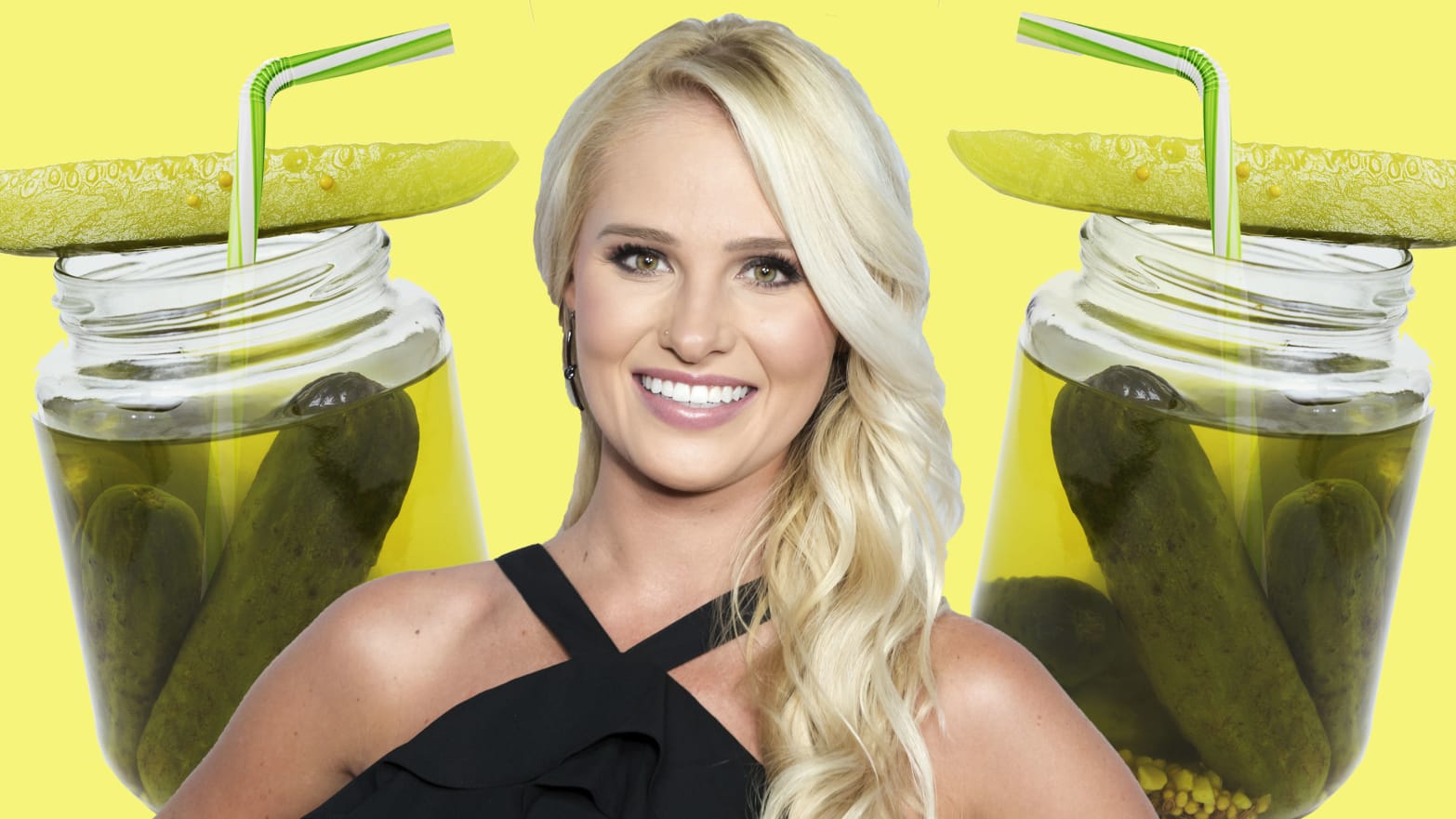 image of tomi lahren between two jars of pickles with pickle on top on yellow green background pickle back sour half fox theblaze the blaze