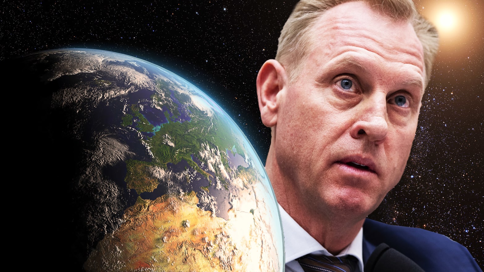 illustration of earth on left side and acting defense secretary patrick shanahan on right side with black space littered with stars background behind them space force donald trump wilbur ross 3 trillion economic economy war