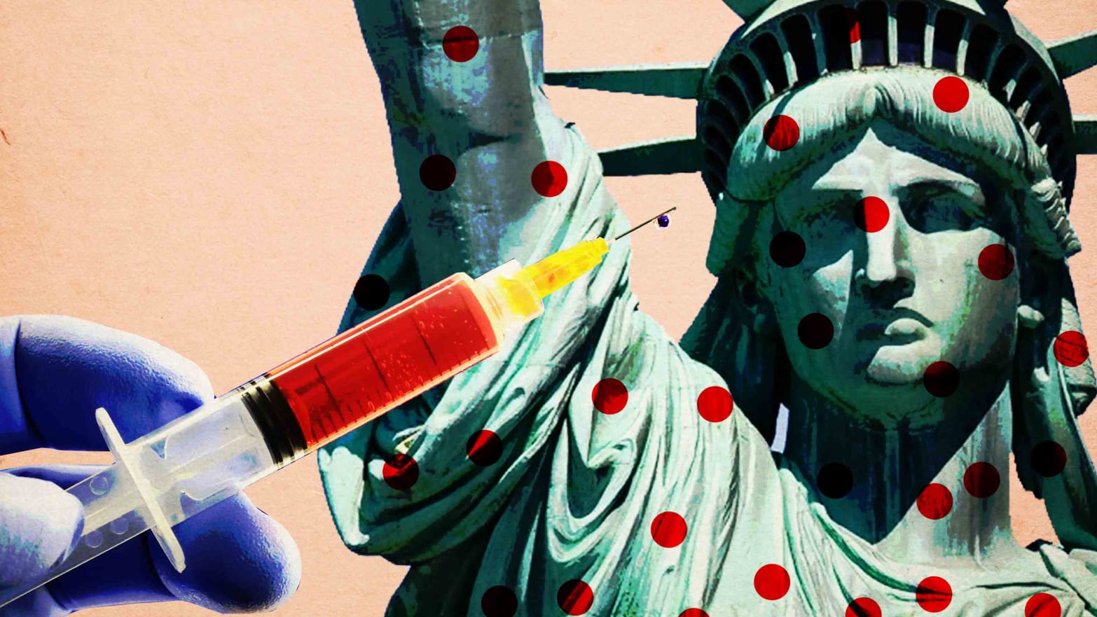 image of a blue gloved hand holding a shot vaccine carrying mmr on left and statue of liberty with red polka dots with pale millennial pink background