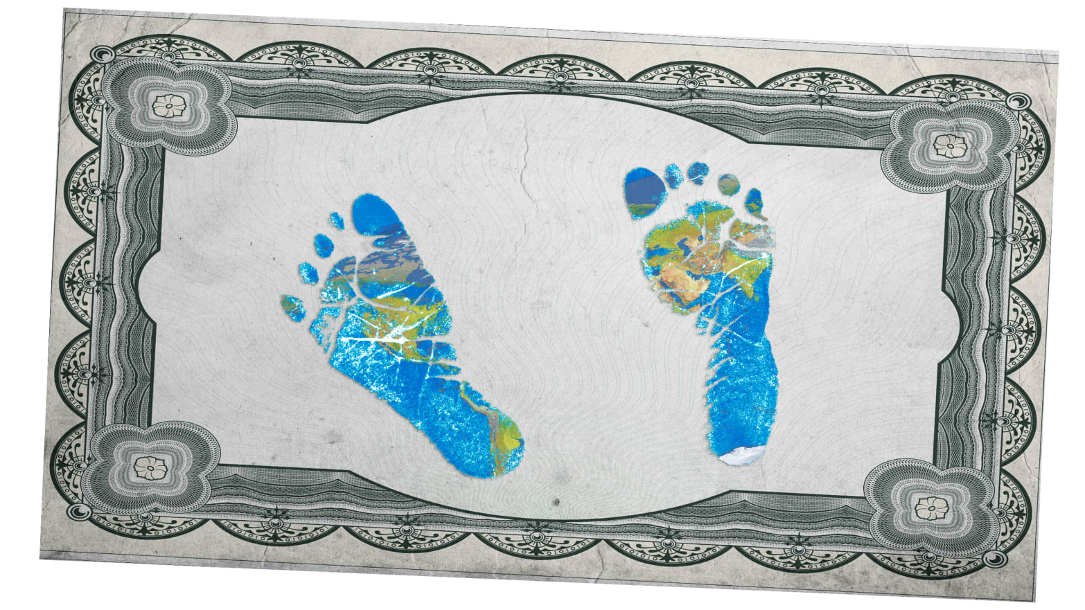 illustration of birth certificate border with baby feet footprint footprints within in blue and green earth colors climate change global warming fertility baby babies how many more colombia switzerland demography