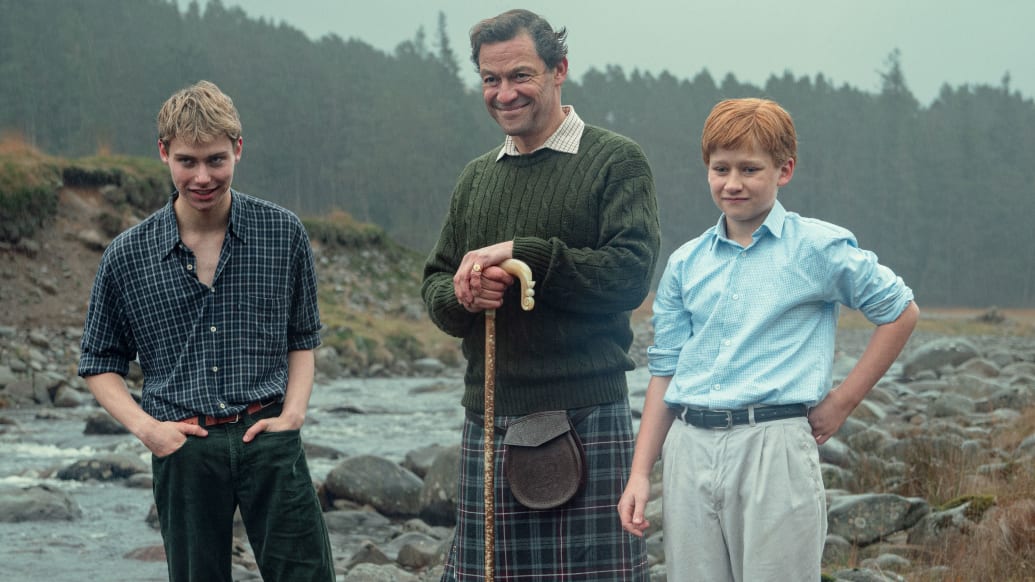 Rufus Kampa as Prince William, Dominic West as then-Prince Charles, and Fflyn Edwards as Prince Harry in 'The Crown.'