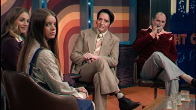 Laura Gordon, Ingrid Torelli, David Dastmalchian, and Ian Bliss in Colin Cairnes and Cameron Cairnes’ LATE NIGHT WITH THE DEVIL.