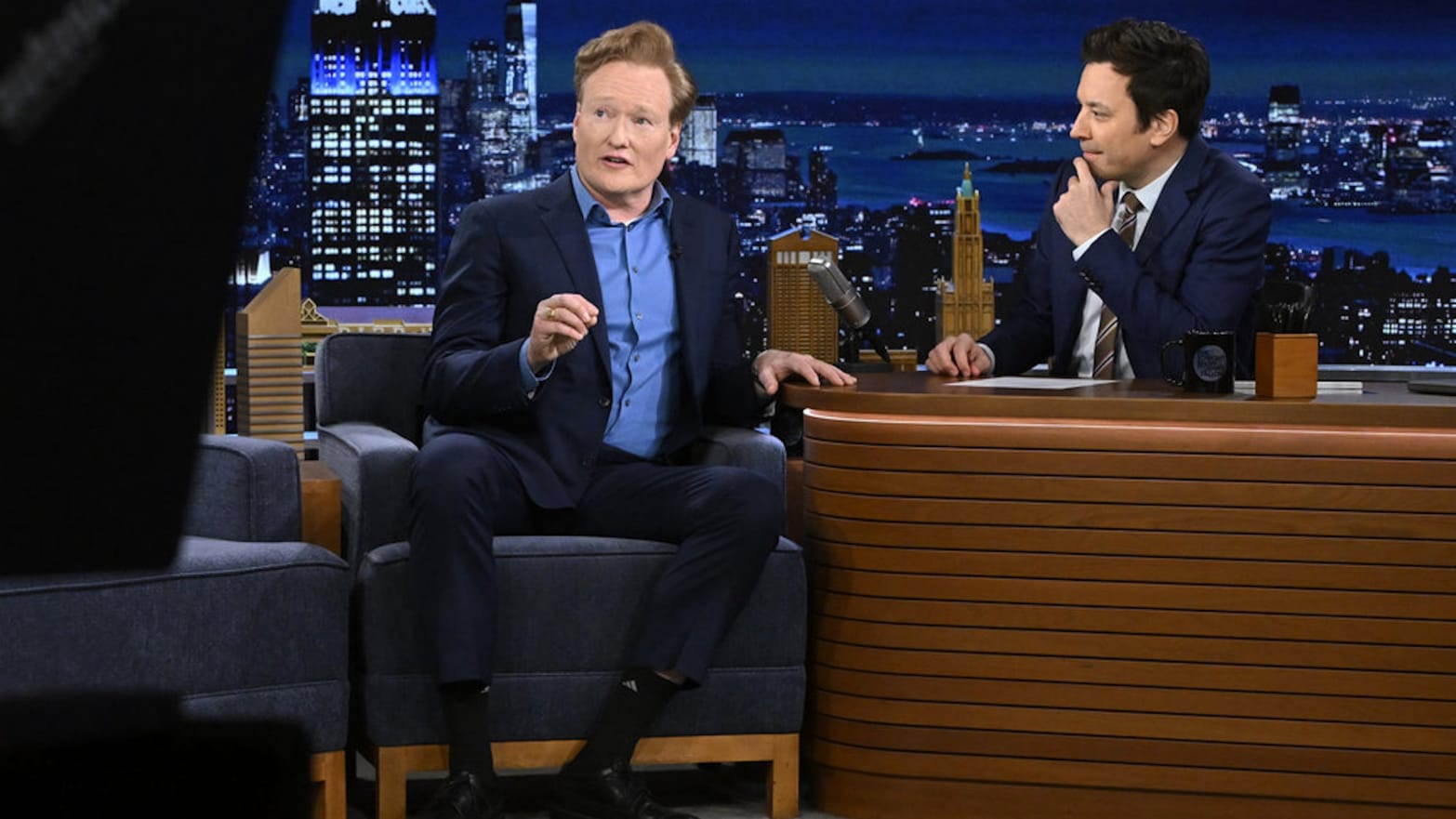 Comedian Conan O’Brien during an interview with host Jimmy Fallon on Tuesday, April 9, 2024.