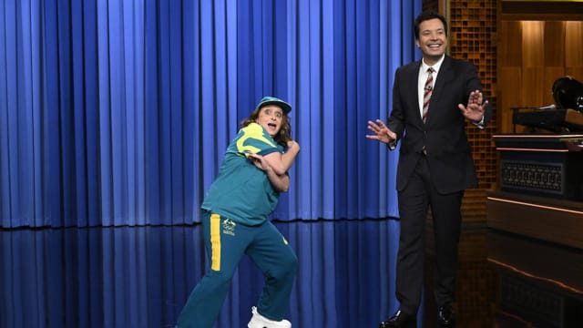 Rachel Dratch as an Olympic Breakdancer during a monologue walk-on with host Jimmy Fallon