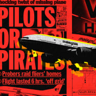 A photo illustration of a Malaysia Airlines plane in front of sensationalist headlines about the disappearance of flight MH370