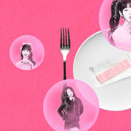 A photo illustration of gum on a plate with bubbles with Jang Wonyoung inside them