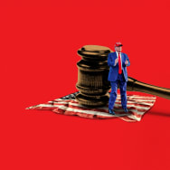 A photo illustration of Donald Trump and a giant gavel on a crumbled and dirty American flag