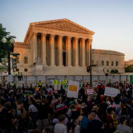 People protest in front of the U.S. Supreme Court in response to the Dobbs v Jackson Women's Health Organization ruling on June 24, 2022 in Washington, DC. 