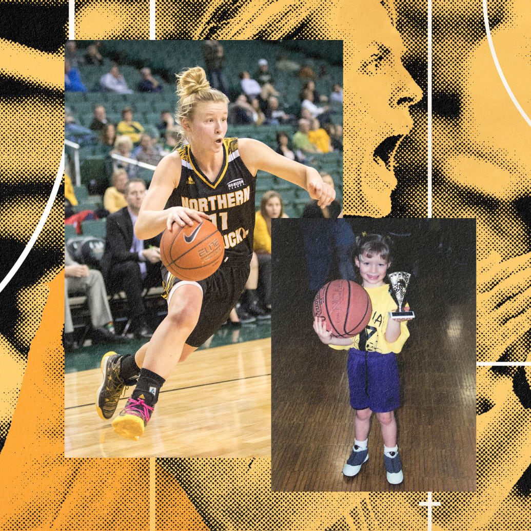 A photo illustration of Taryn Taugher as a child and adult playing basketball