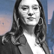A photo illustration of Bari Weiss