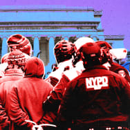 A photo illustration of students being arrested on the Columbia University Campus