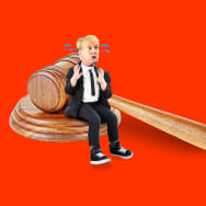 A photo illustration of Donald Trump as a kid sitting on a gavel crying