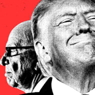 A photo illustration of Donald Trump with smug smile in front of Rupert Murdoch. 