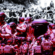A photo illustration of Texas State Police and pro-Palestine student protestors on the University of Texas campus.