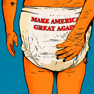 Illustrative gif of Donald Trump in a diaper with "Make America Great Again" printed on the back with smell lines coming out and flies flying around