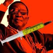 A photo illustration of Emmerson Mnangagwa with a shot with yellow liquid inside of it layered on top. 