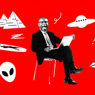 A photo illustration of Jamaal Bowman sitting with a laptop and with icons of aliens, spaceships, and pyramids floating around him