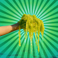 A photo illustration of a hand holding a pile of seaweed over water.