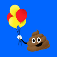 An illustration of a poop emoji holding balloons