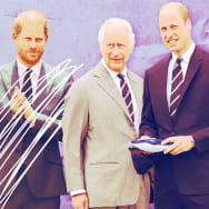 A photo illustration of Prince Harry, King Charles III and Prince William.