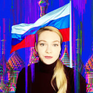 A photo illustration of Mira Terada and the Kremlin, and Russian flag.