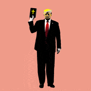 An animation of former President Donald Trump holding up a Bible.