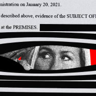 A photo illustration showing Marjorie Taylor Greene peaking out from F.B.I. search warrant affidavit for former President Donald Trump's Mar-a-Lago estate.