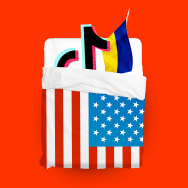 A photo illustration of the TikTok logo and a flag of Ukraine in bed together
