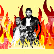 A photo illustration of Kendrick Lamar, Drake, and Metro Boomin in flames with tweets and memes.